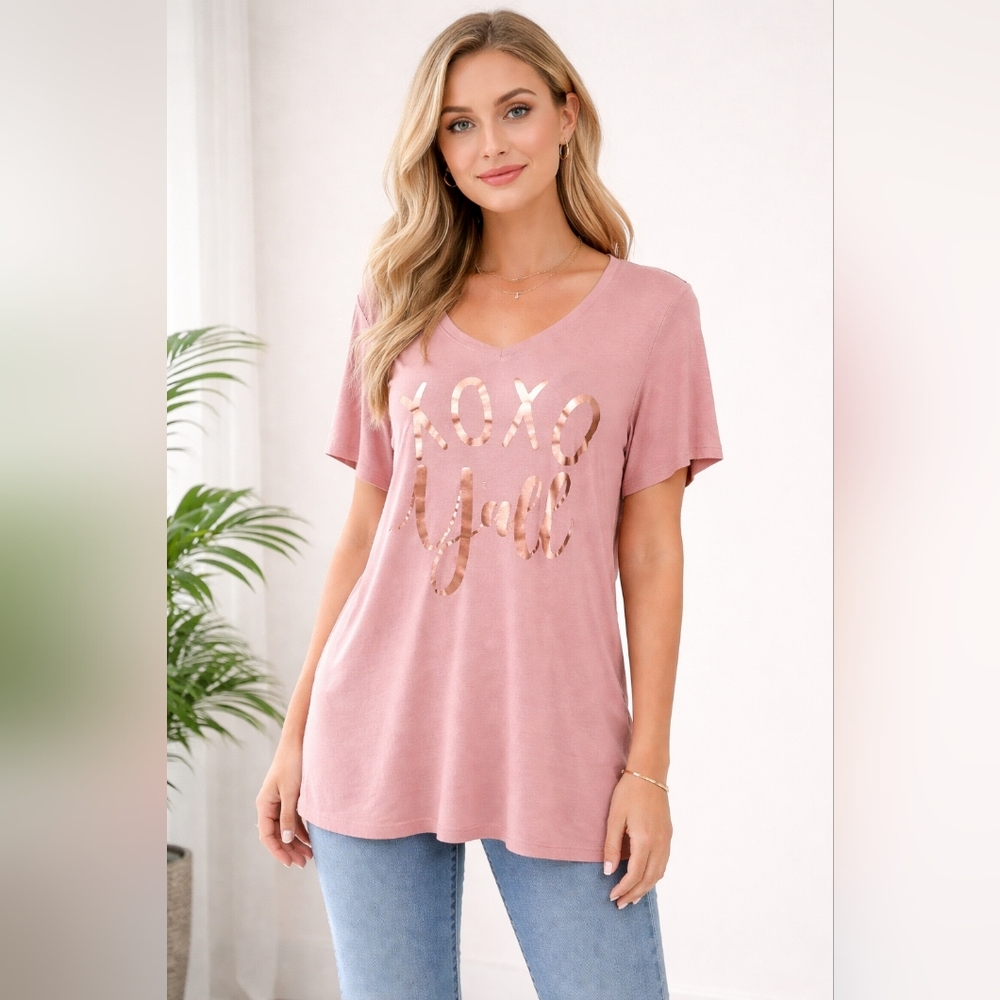 Utopia XOXO Y’all Pink Rose Foil Graphic V-Neck Tunic Tee Size L #1517